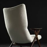 Fauteuil haut de salon vintage en teck et tissu bouclé blanc du milieu du siècle norvégien, années 1960
