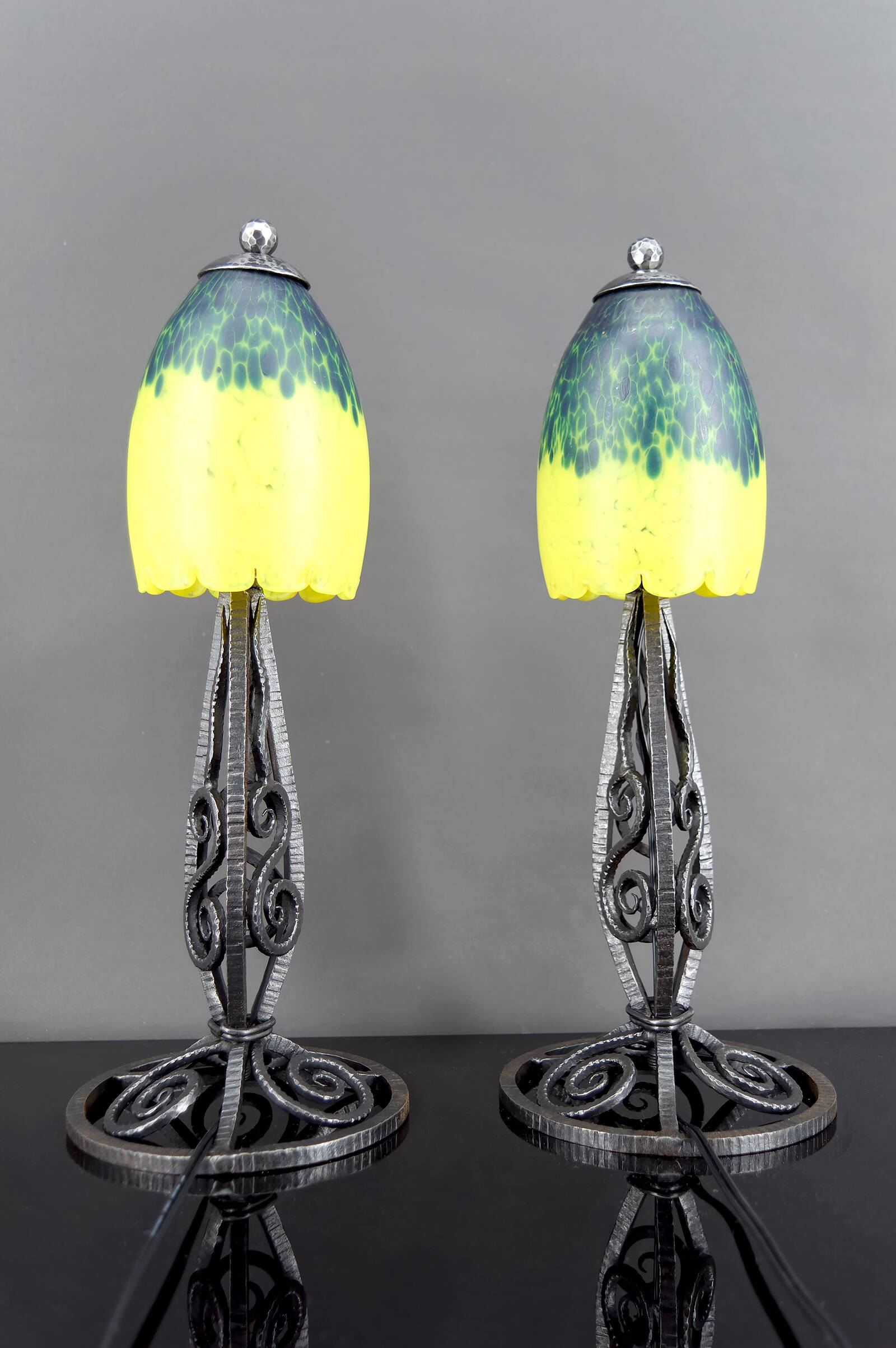 Pair of Wrought Iron & Blown Glass Lamps, France, Art Deco, c. 1930