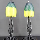 Pair of Wrought Iron & Blown Glass Lamps, France, Art Deco, c. 1930