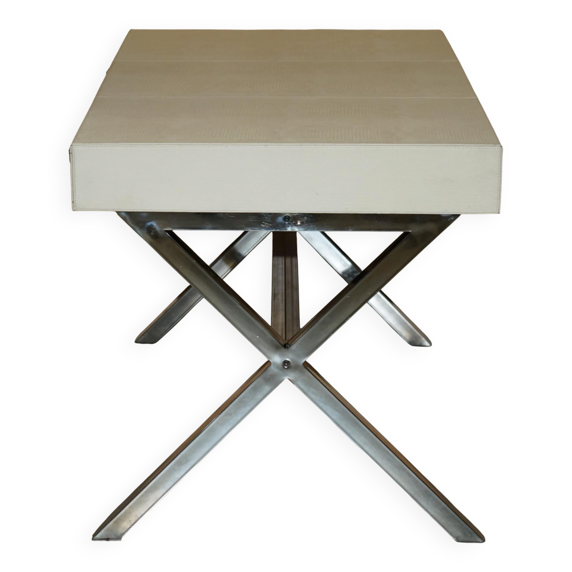 Vintage writing desk with chrome X-shaped top and patinated crocodile leather.