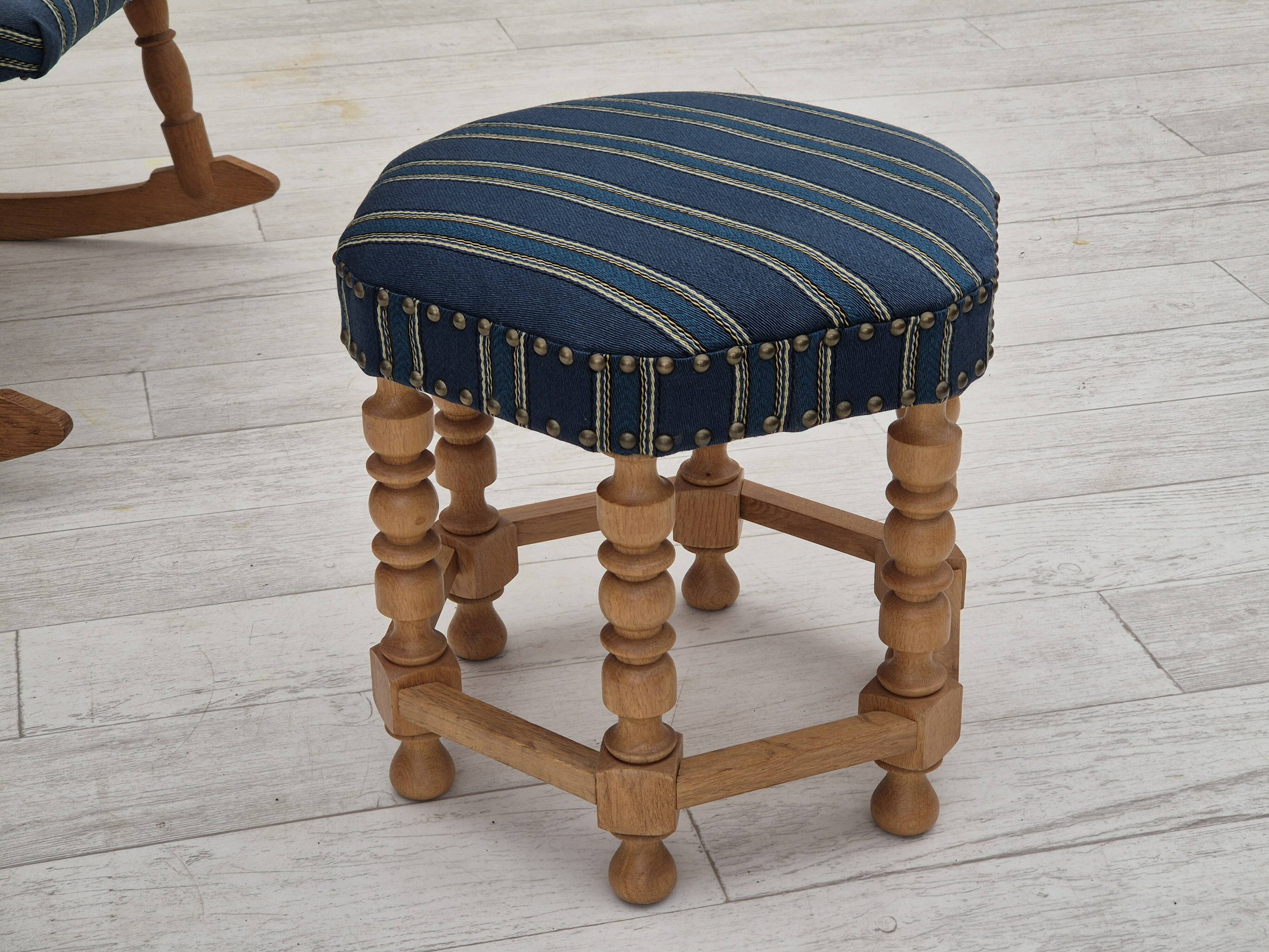 1970s, Danish design, oak wood rocking chair with footstool, furniture wool, original condition.