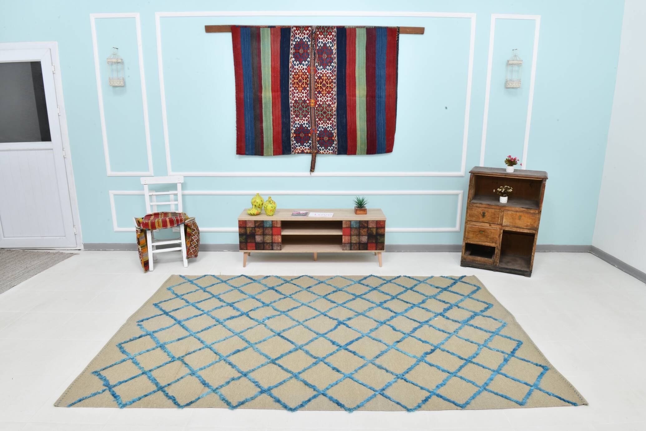 6x9 Beige & Blue Handmade Moroccan Rug, 185x282Cm SK 7339