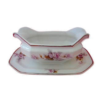 Octagonal porcelain sauce boat with floral decoration