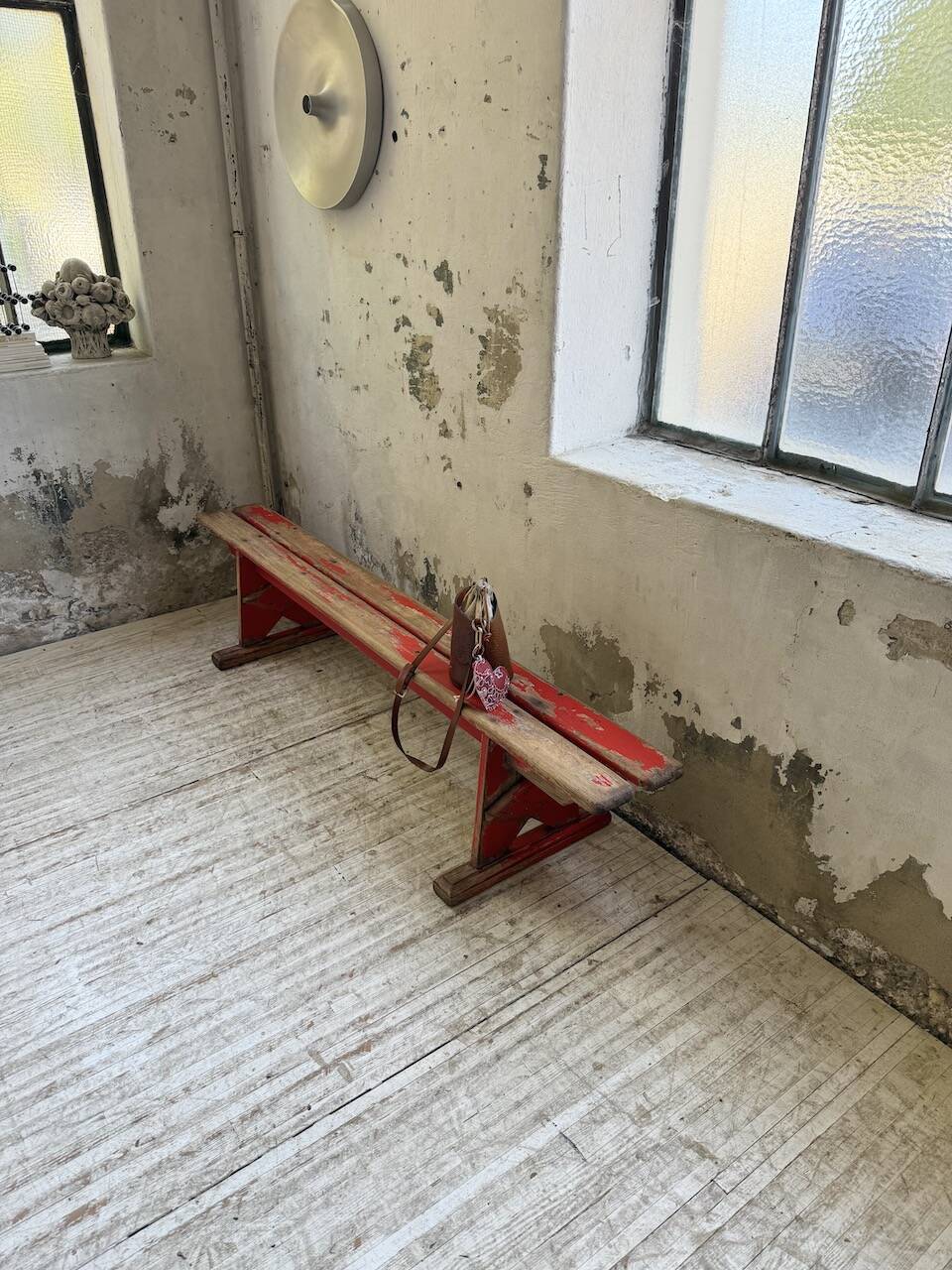 1950s oak bench with red patina, 2m
