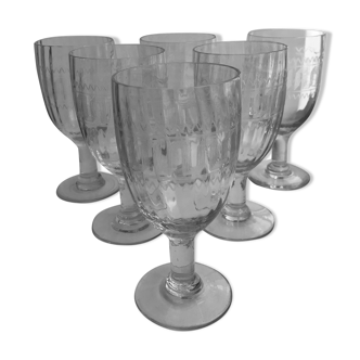 set of 6 large crystal wine glasses engraved early twentieth century