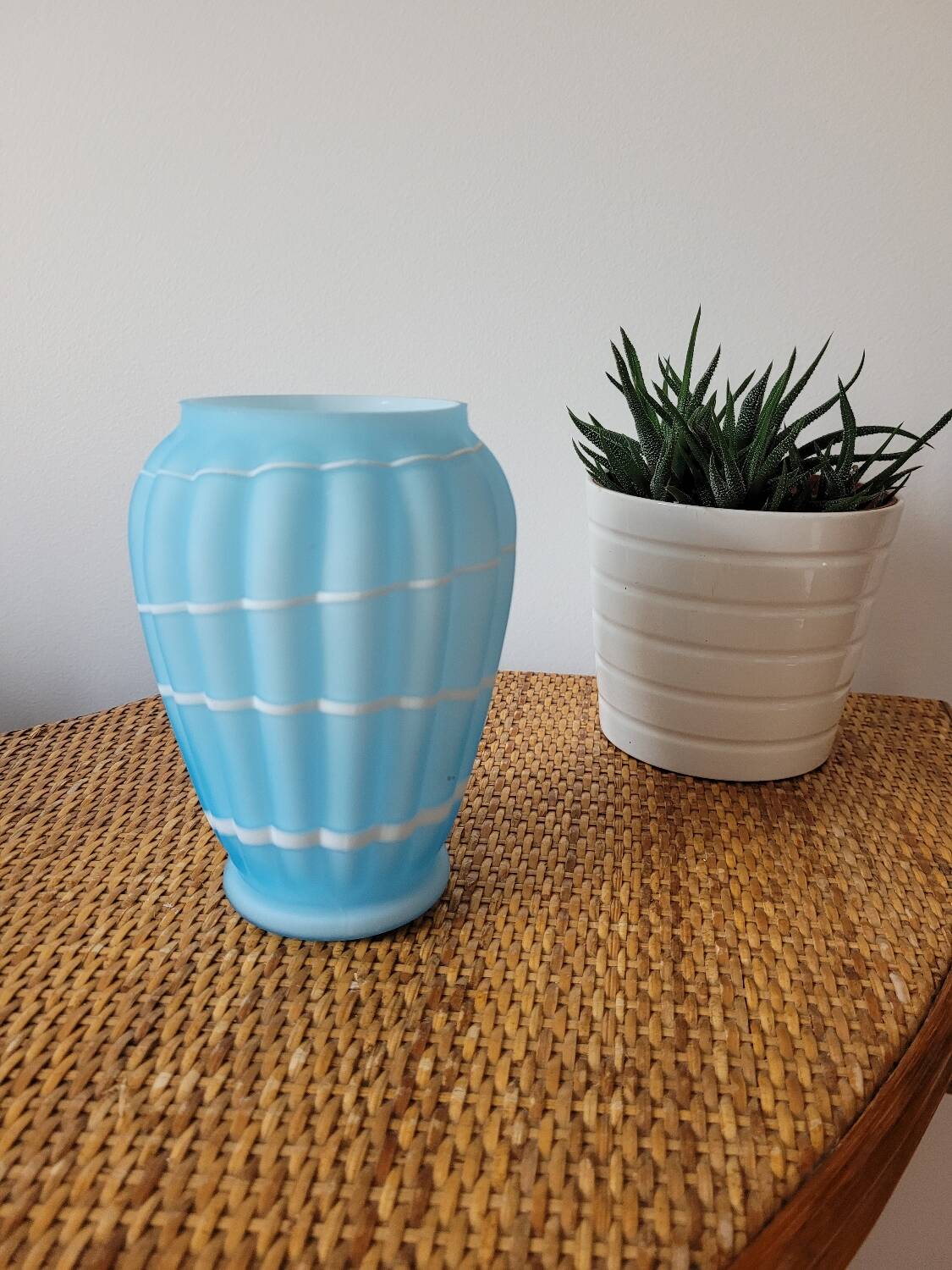 Blue and white opaline vase