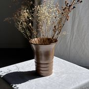 Vintage ceramic vase in glazed brown-orange with stripes H21.5 D19