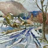 Watercolour painting "Snow in Val Suzon" (21) signed L. Grundler 1959