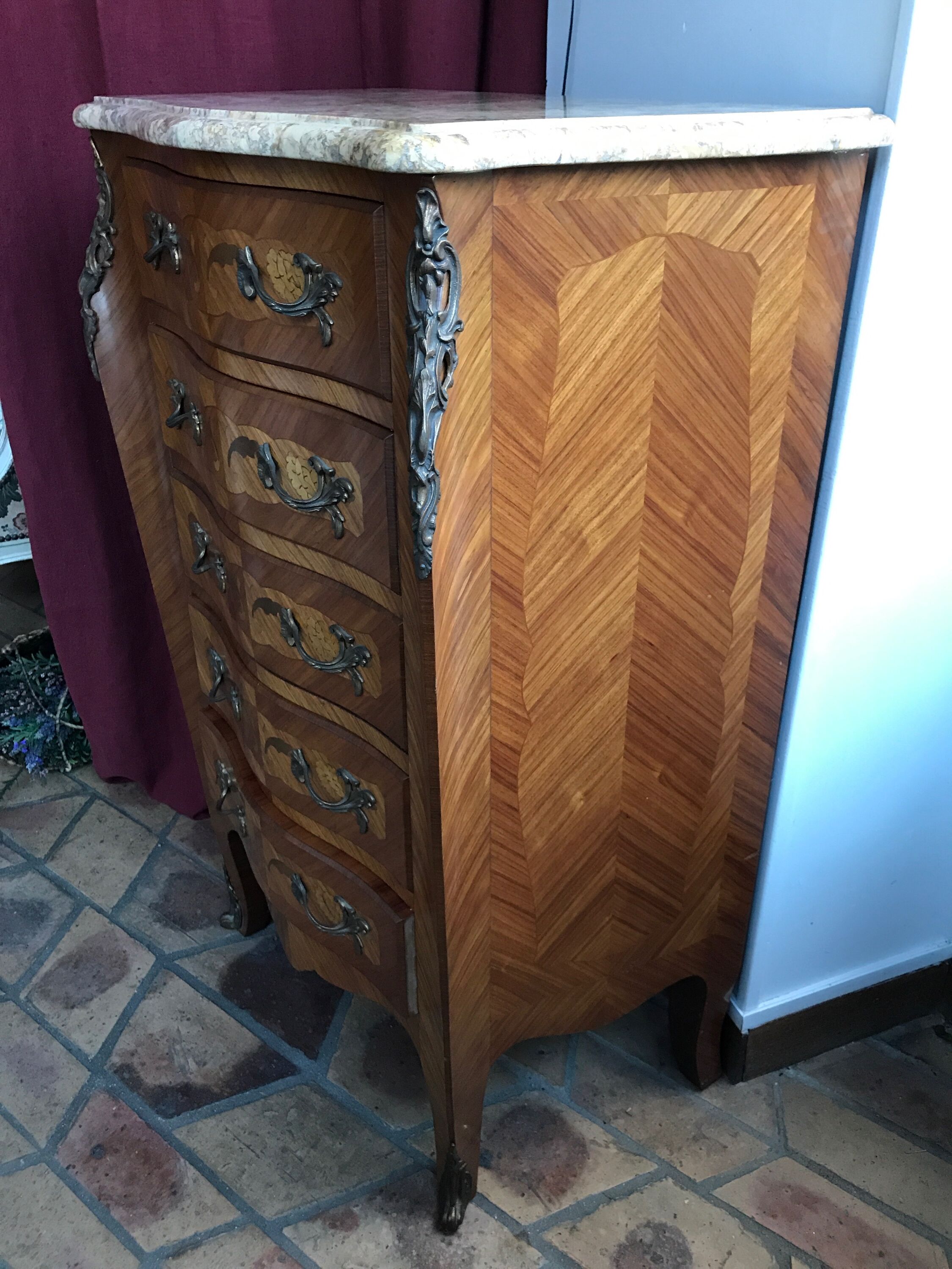 Chest in marquetry style Louis XV marble top