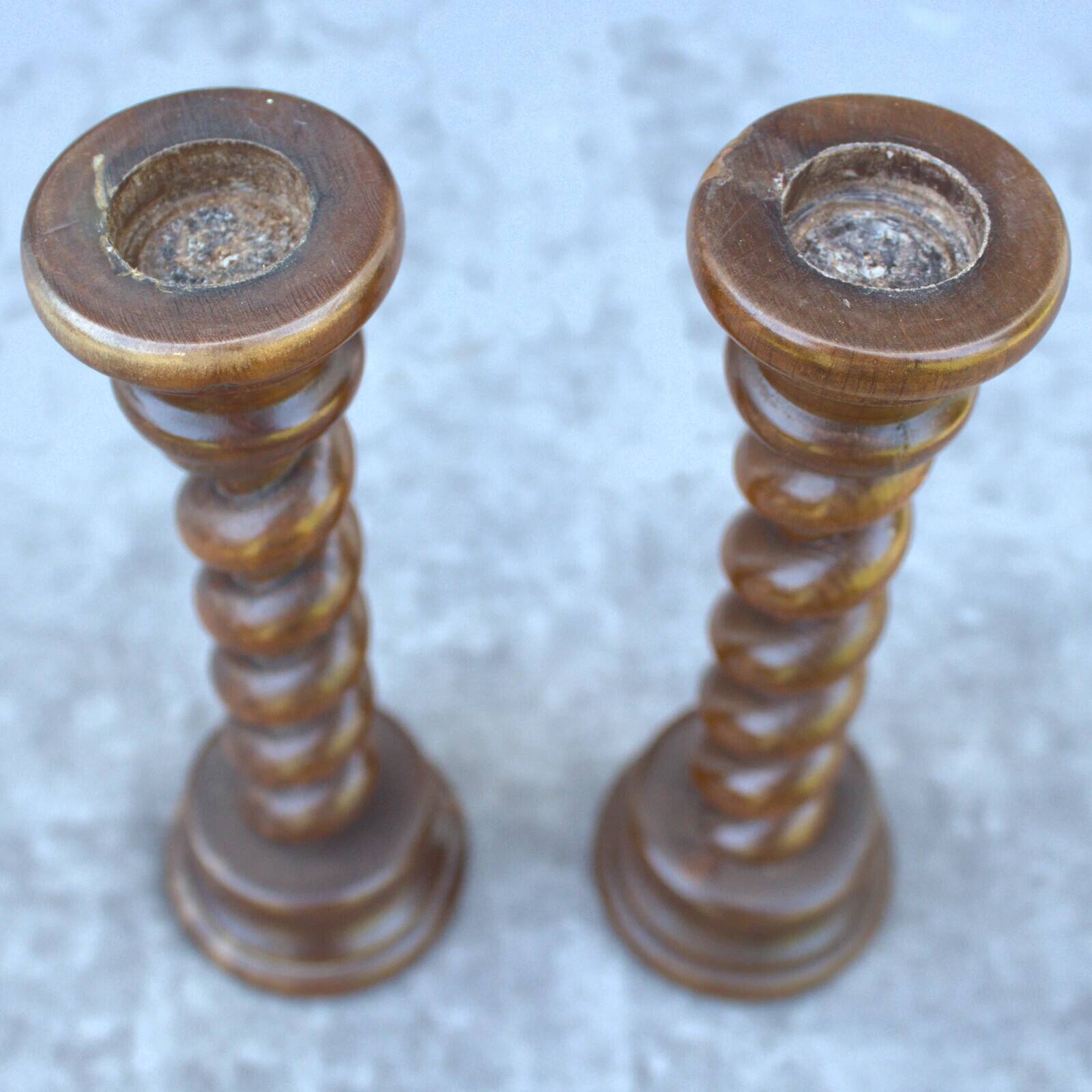 Antique pair of twisted oak candlesticks, table decoration, French heritage