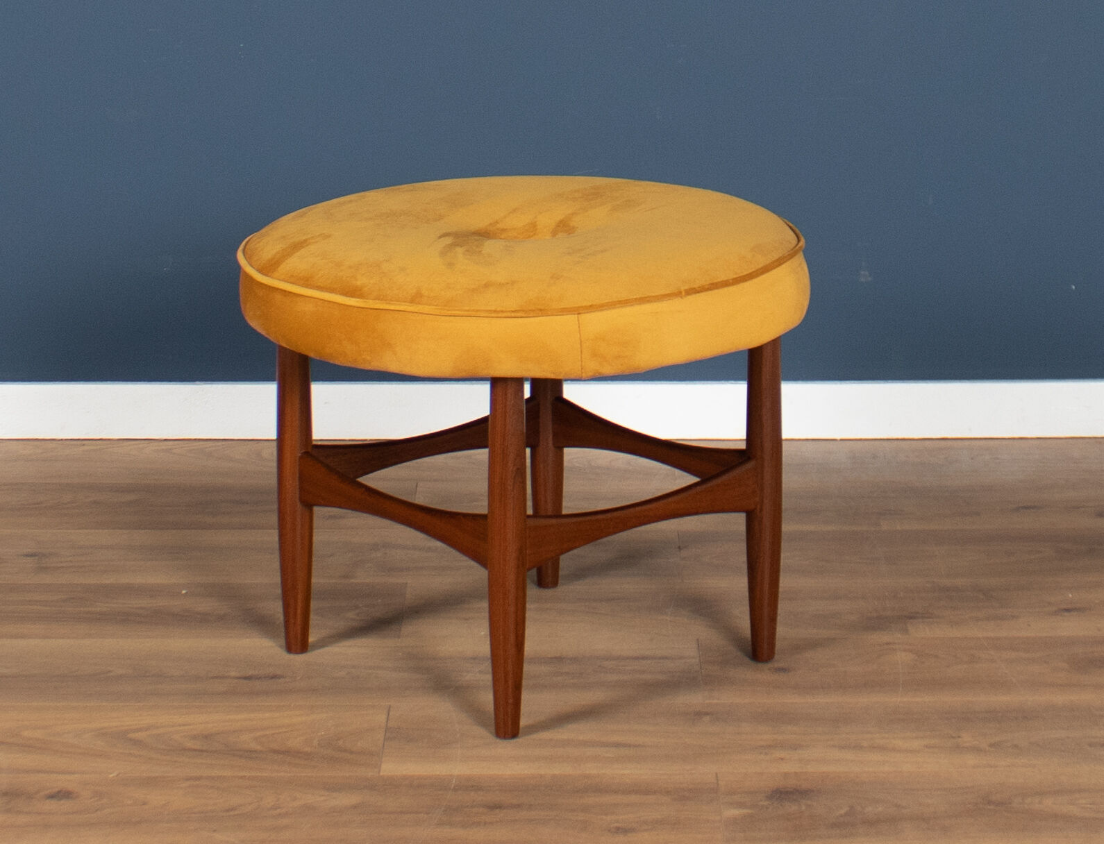 Retro teak 1960s kofod larsen upholstered mustard stool