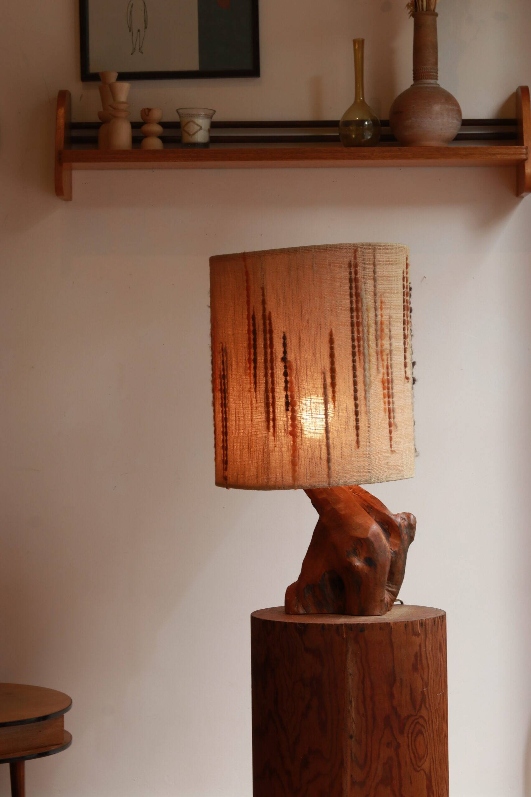 Large 1960s lamp made of olive wood.