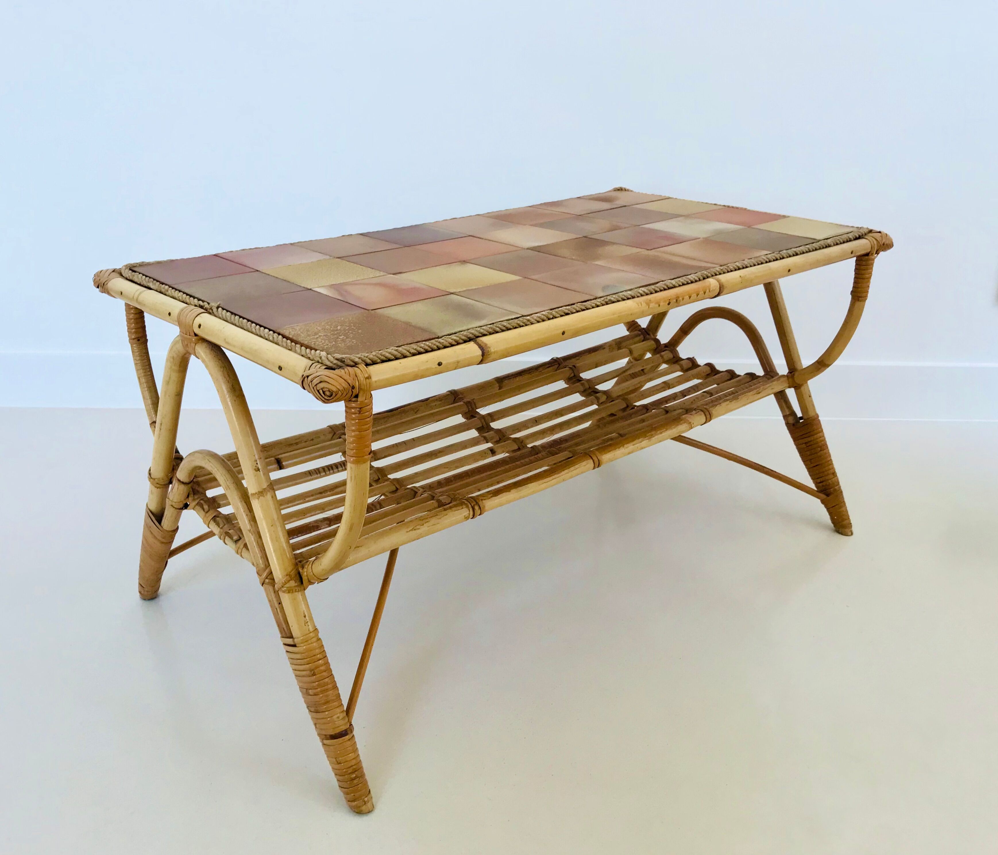 Rattan coffee table and ceramic tiles, France 60s