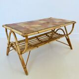 Rattan coffee table and ceramic tiles, France 60s