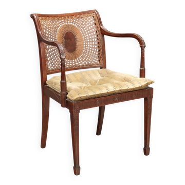 Antique beech armchair stained walnut and fabric, Italy, 19th century