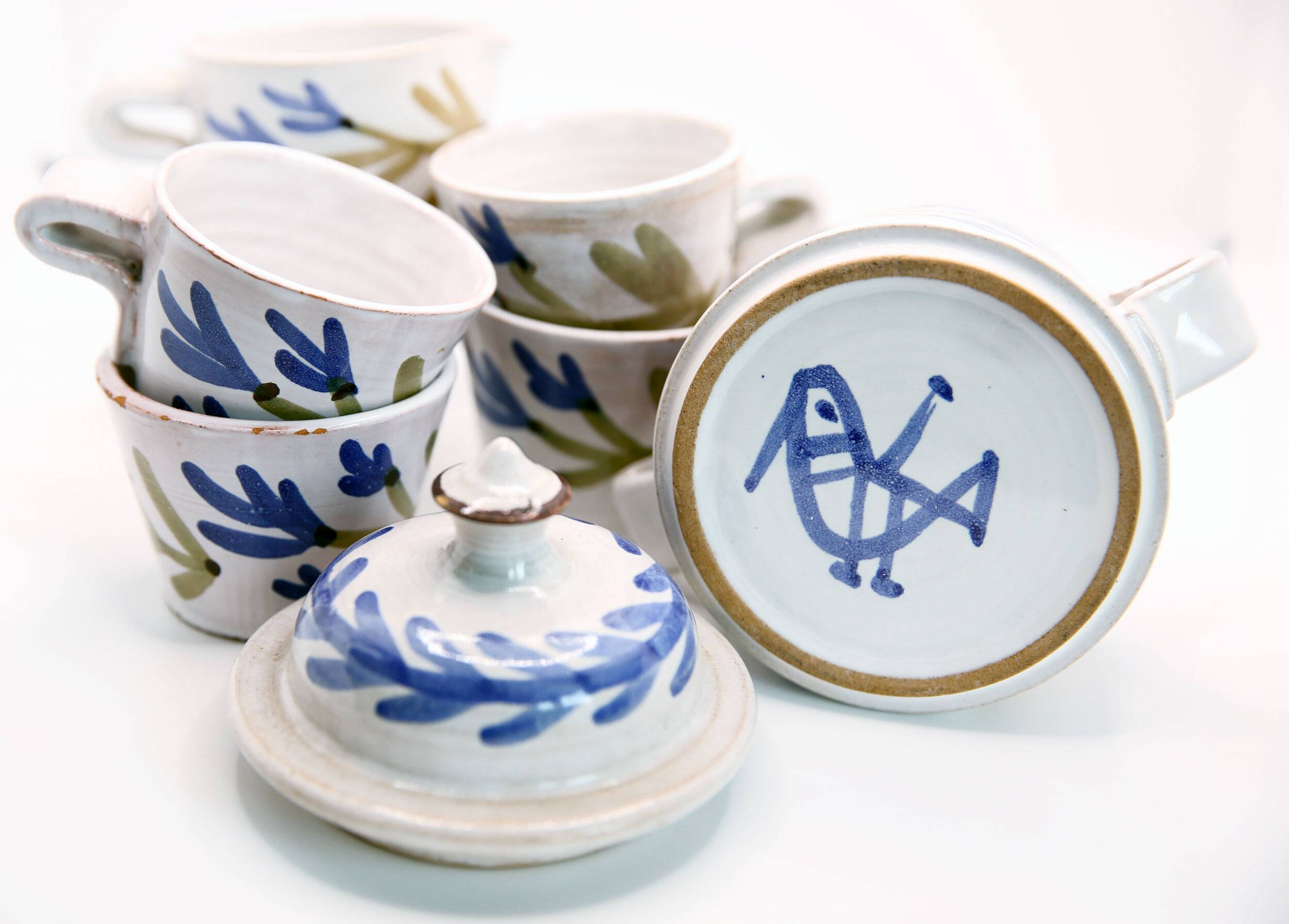 5 cups, 1 milk jug, 1 sugar bowl by Michel Barbier Vallauris