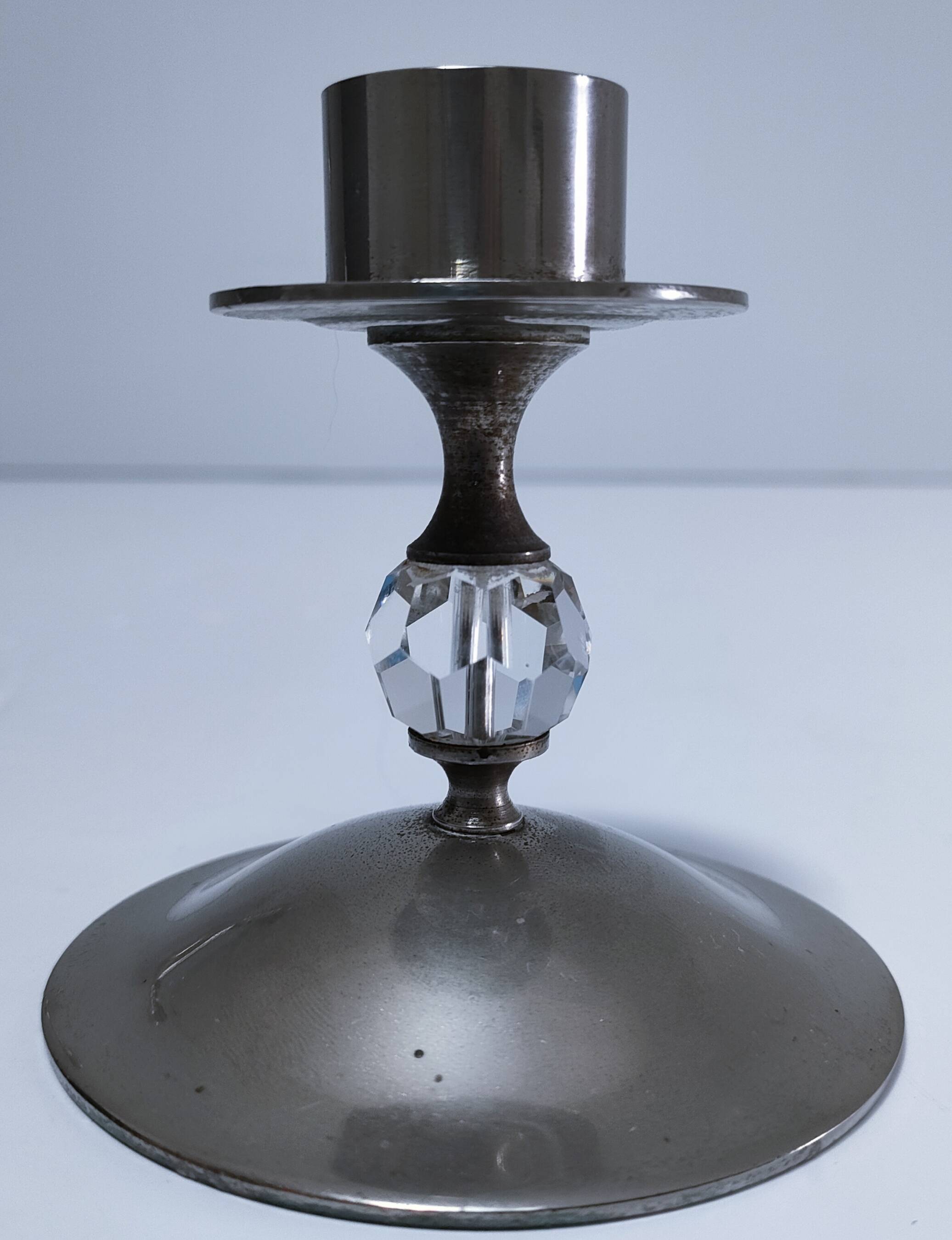 Three vintage metal chrome glass candlesticks