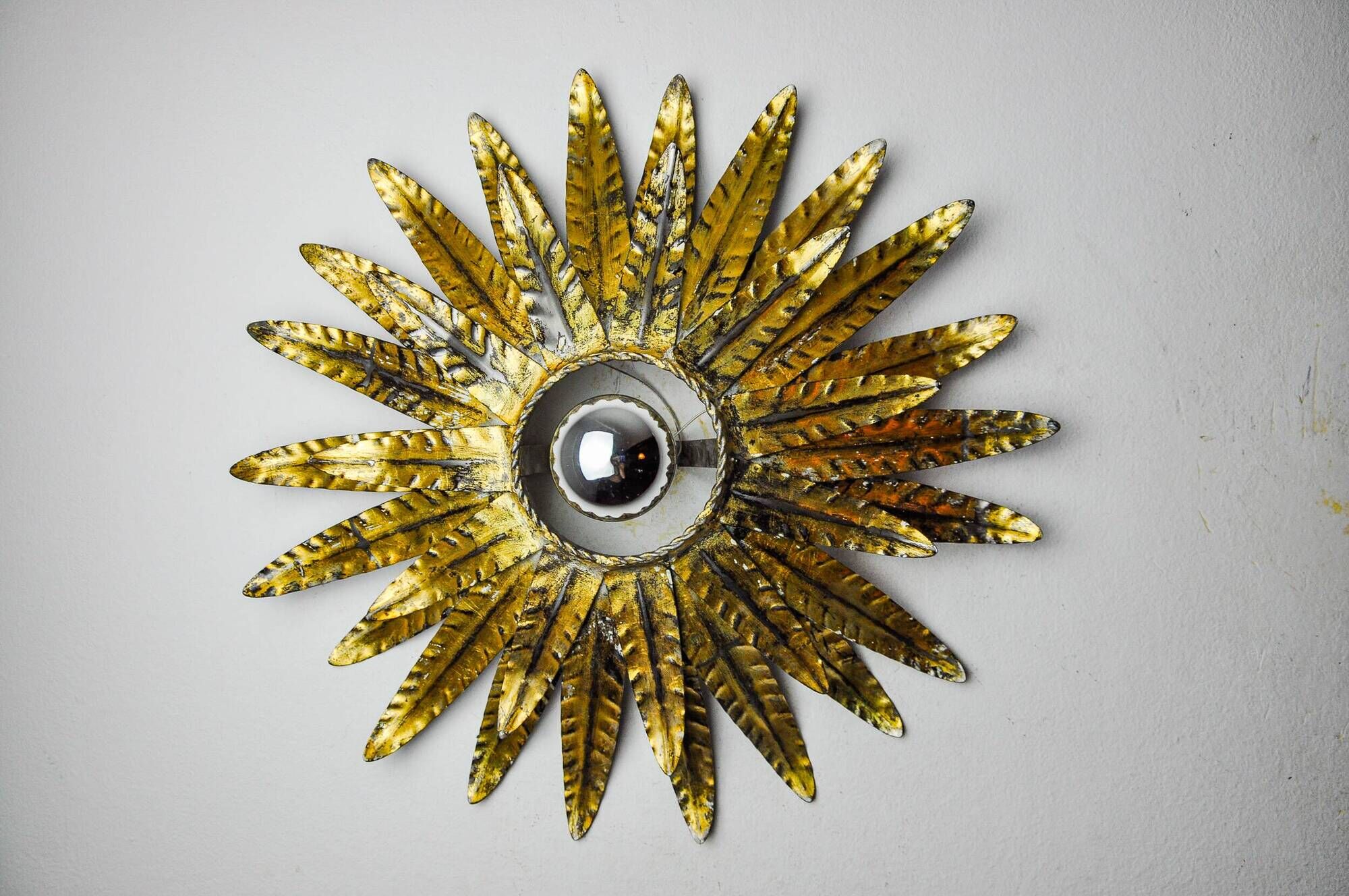 Sun wall lamp by Ferro Arte, metal and gold leaf, Spain 1970