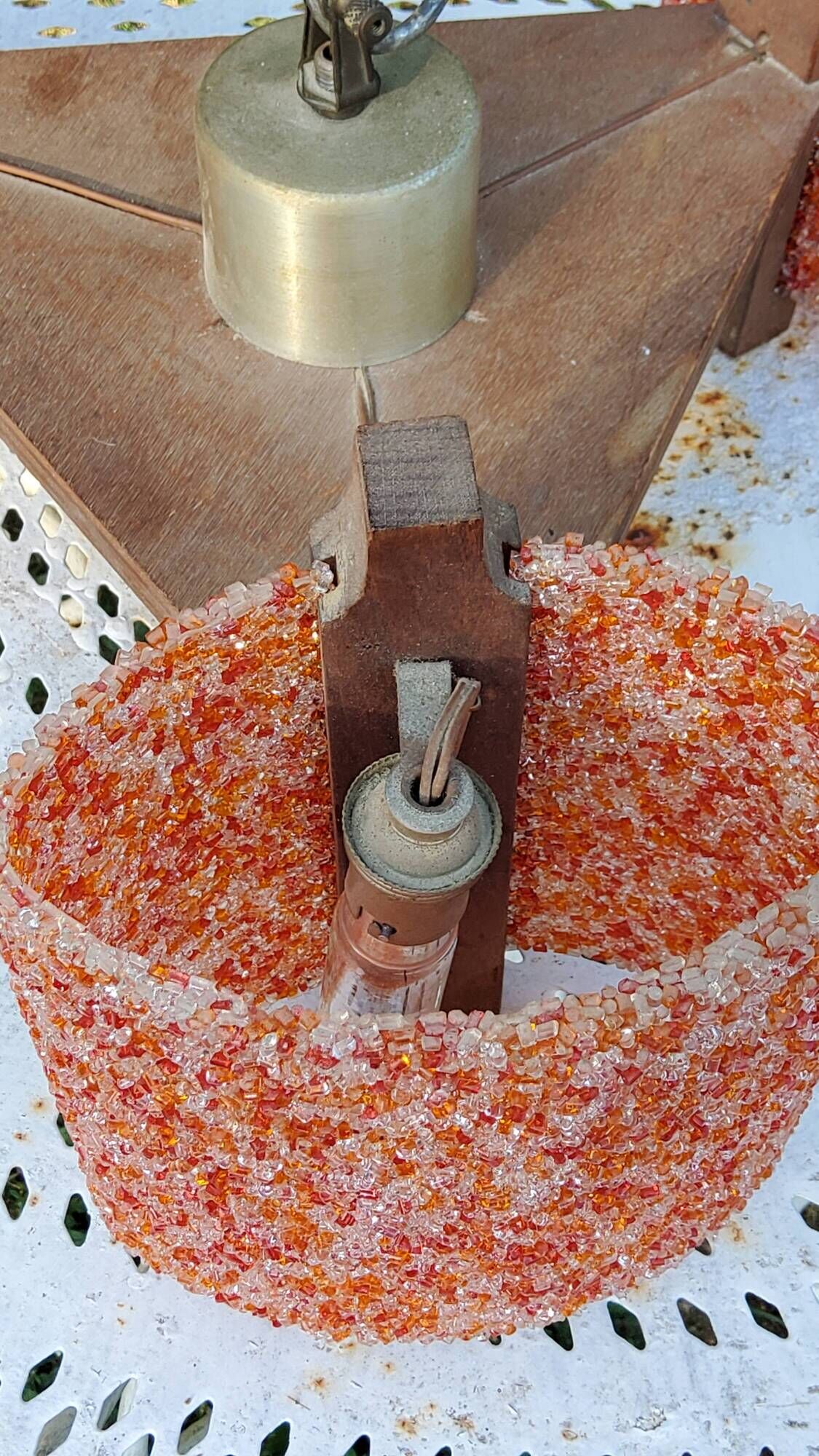 70s Scandinavian style chandelier in wood and orange granite resin 3 lights