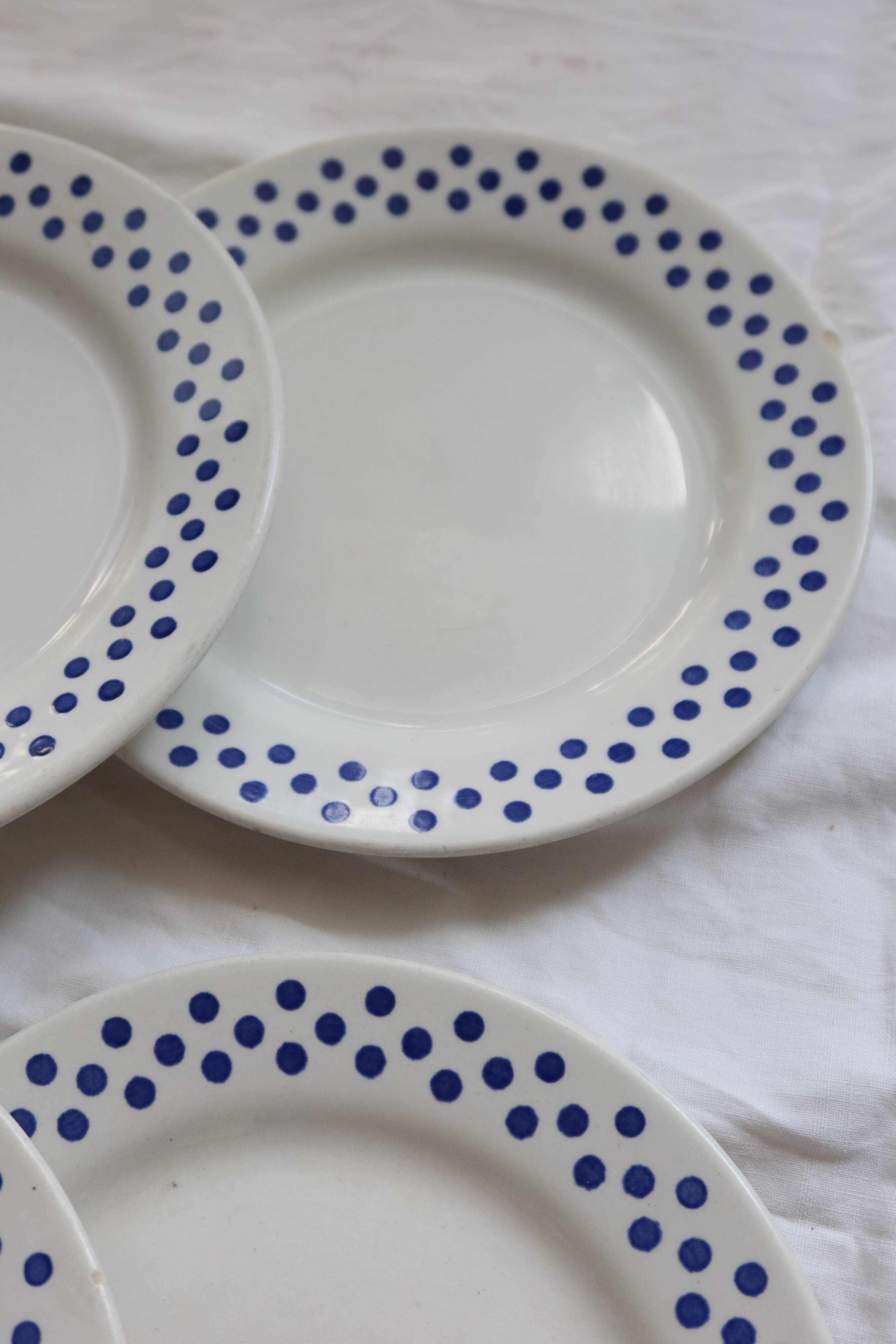 6 Vintage Oxford Earthenware Dessert Plates - Blue Polka Dot Pattern