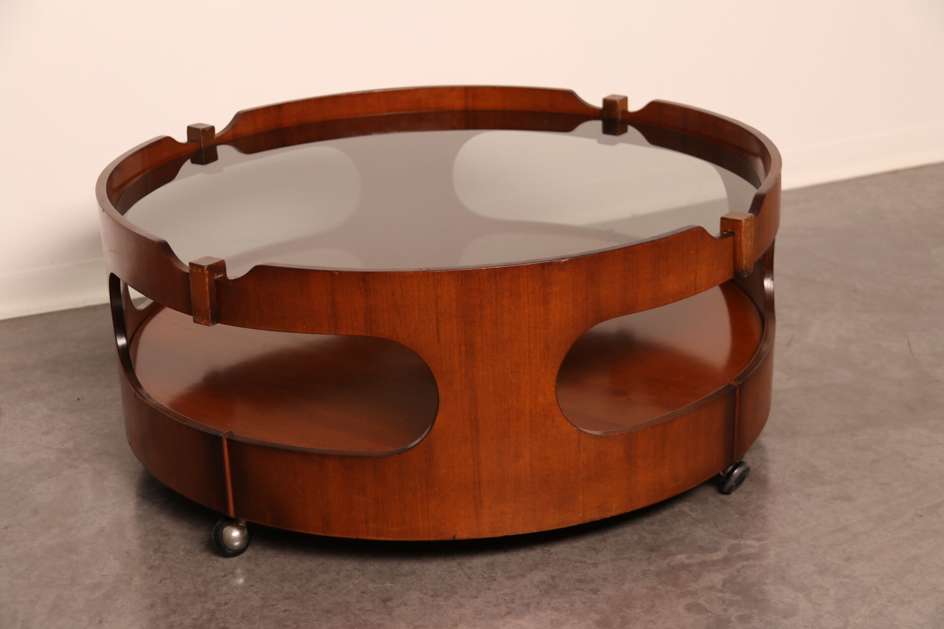 Round coffee table  Frame in plywood- top in smoked glass  Italy - 1960's