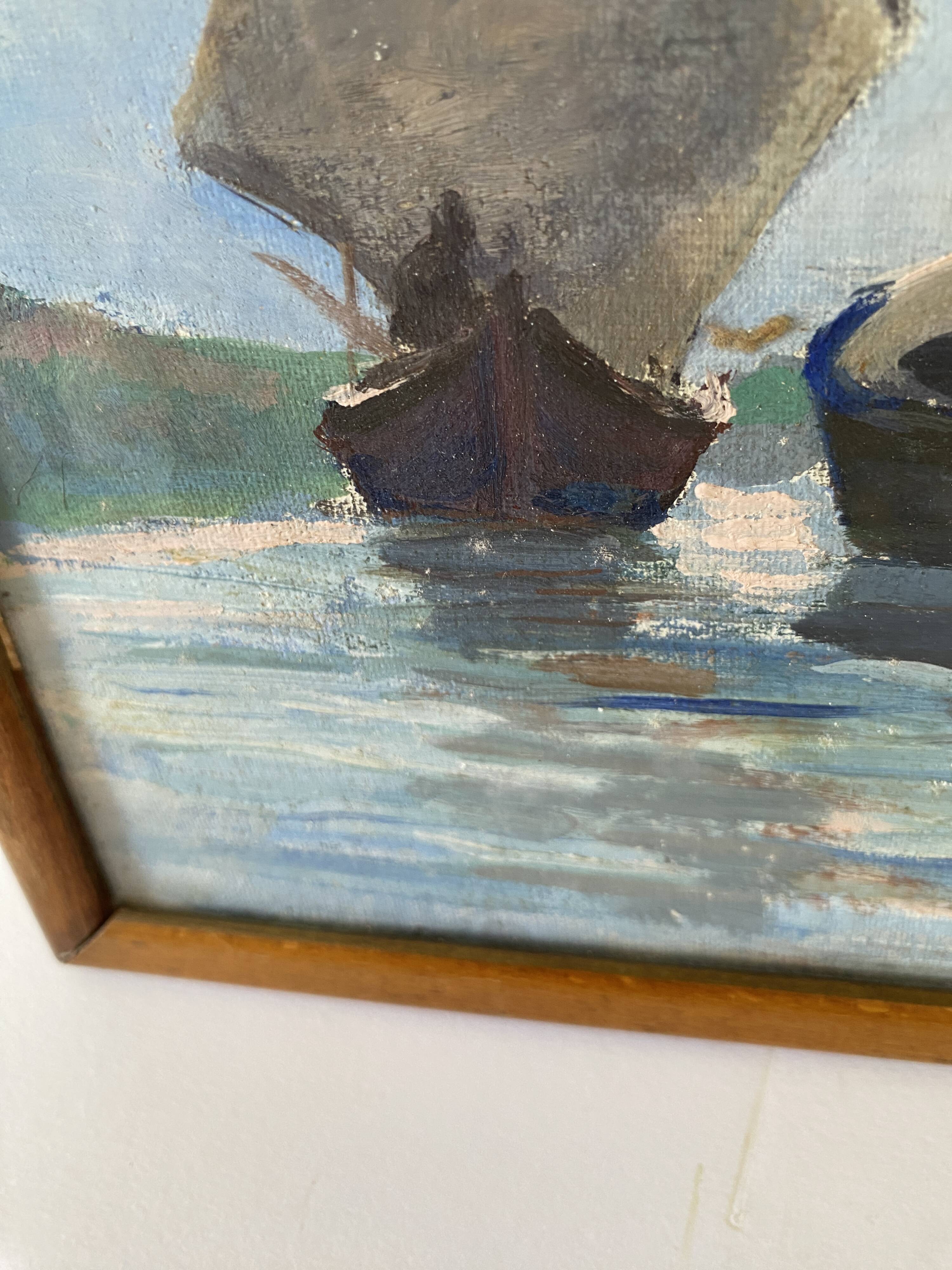 Oil on canvas under glass “Venetian lagoon fisherman”