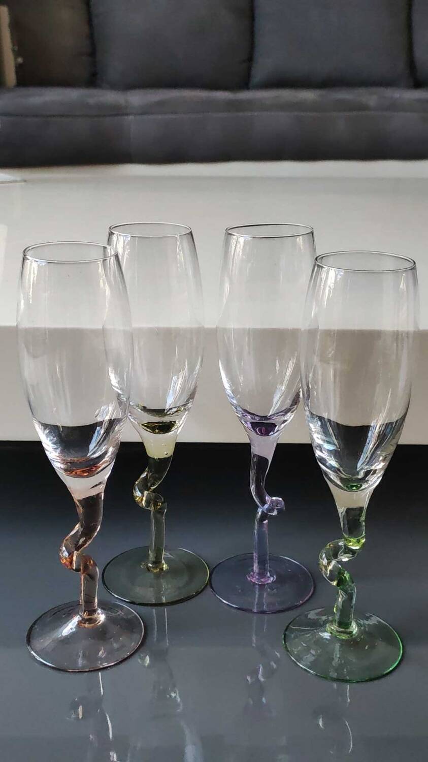 Lot 4 Large Champagne Flutes/Twisted design foot, colorful. High 22.5 cm