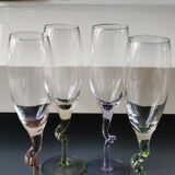 Lot 4 Large Champagne Flutes/Twisted design foot, colorful. High 22.5 cm
