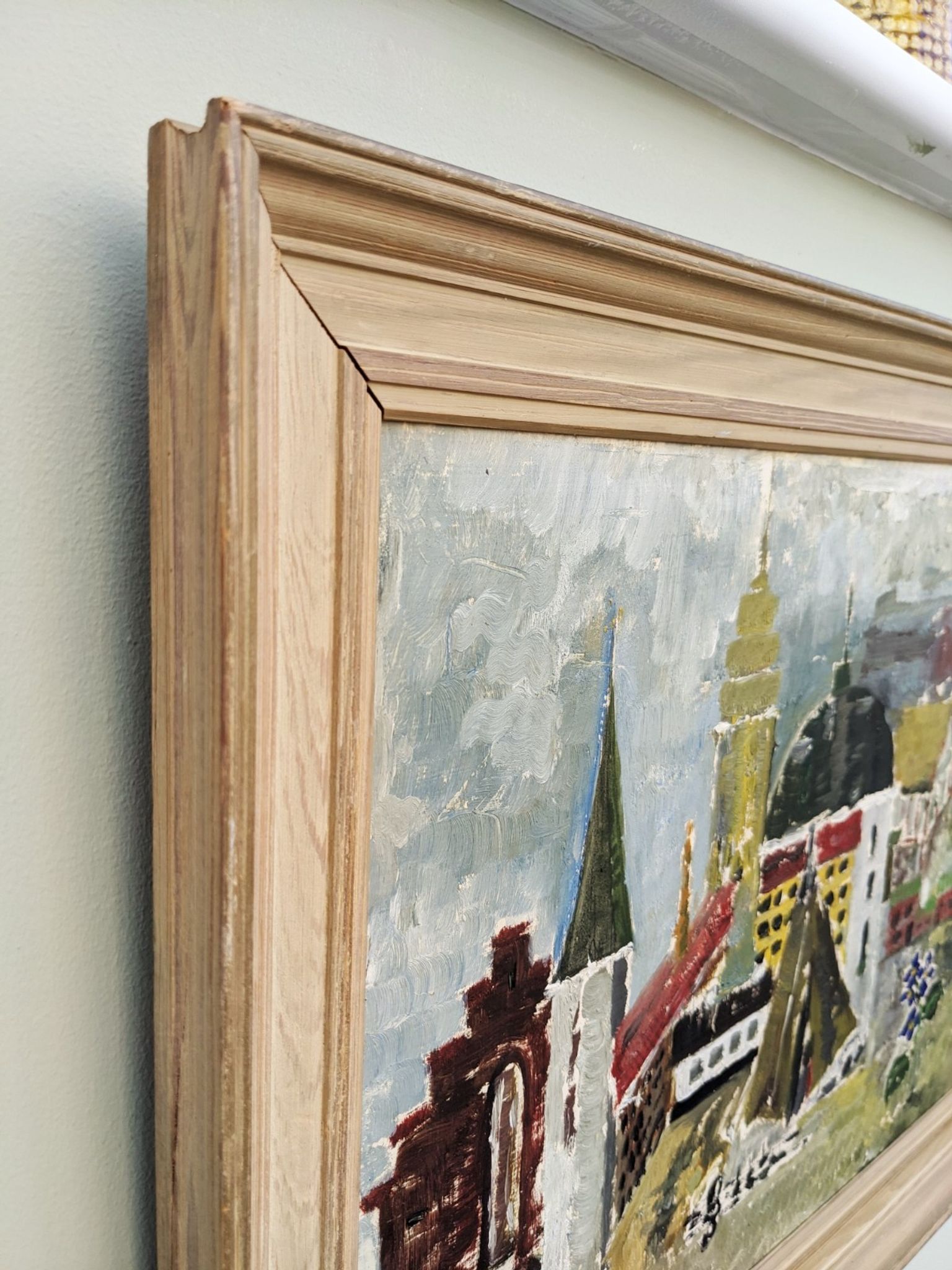 Mid-Century Modern Swedish Cityscape "City Views" Framed Oil Painting