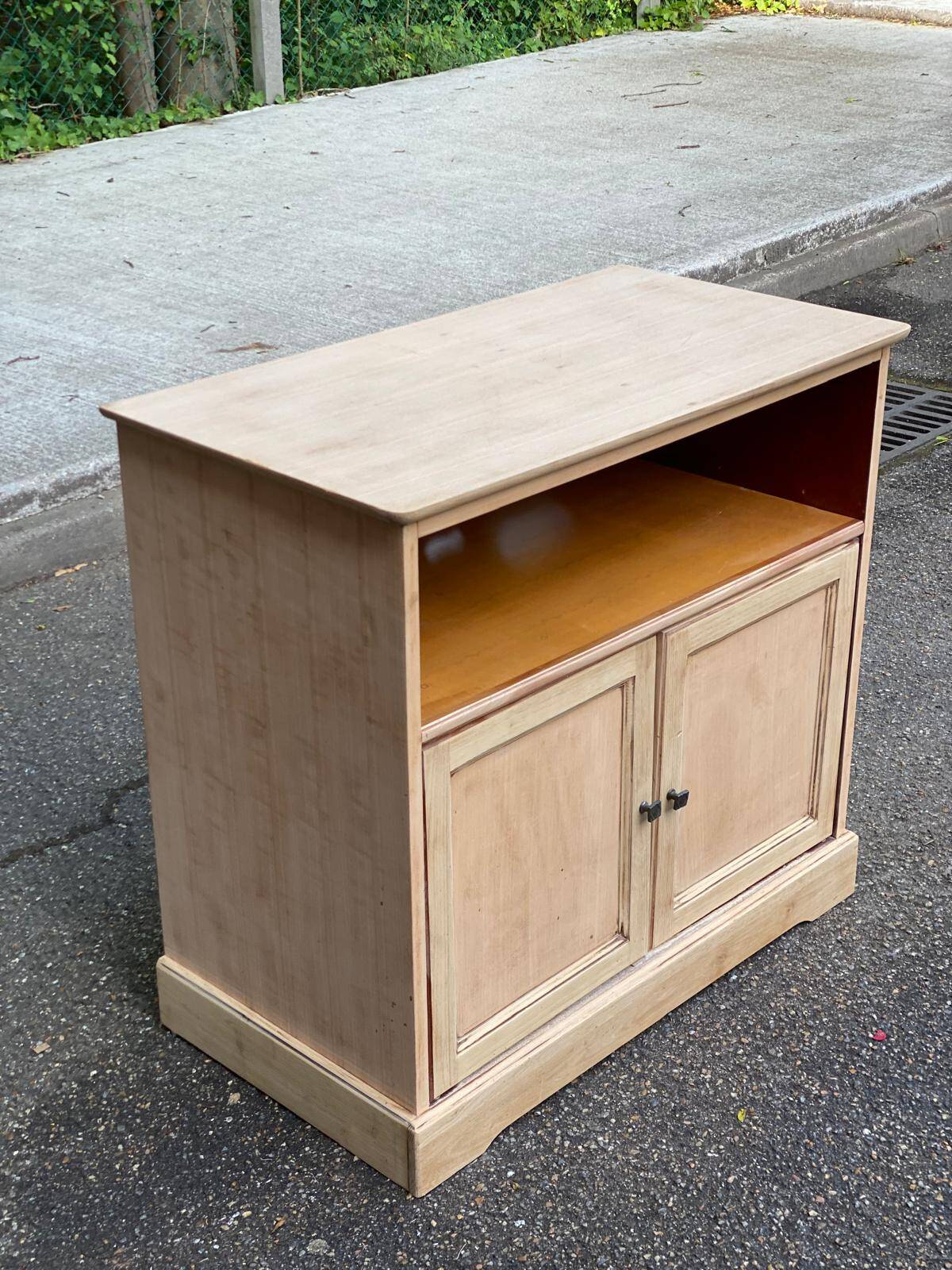 Louis Philippe two-door buffet, renovated TV unit in raw wood.