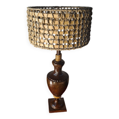 lampe de salon 1970 acier patiné abat jour corde et rotin 62x30 elec ok