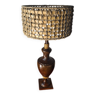 lampe de salon 1970 acier patiné abat jour corde et rotin 62x30 elec ok