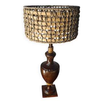 lampe de salon 1970 acier patiné abat jour corde et rotin 62x30 elec ok