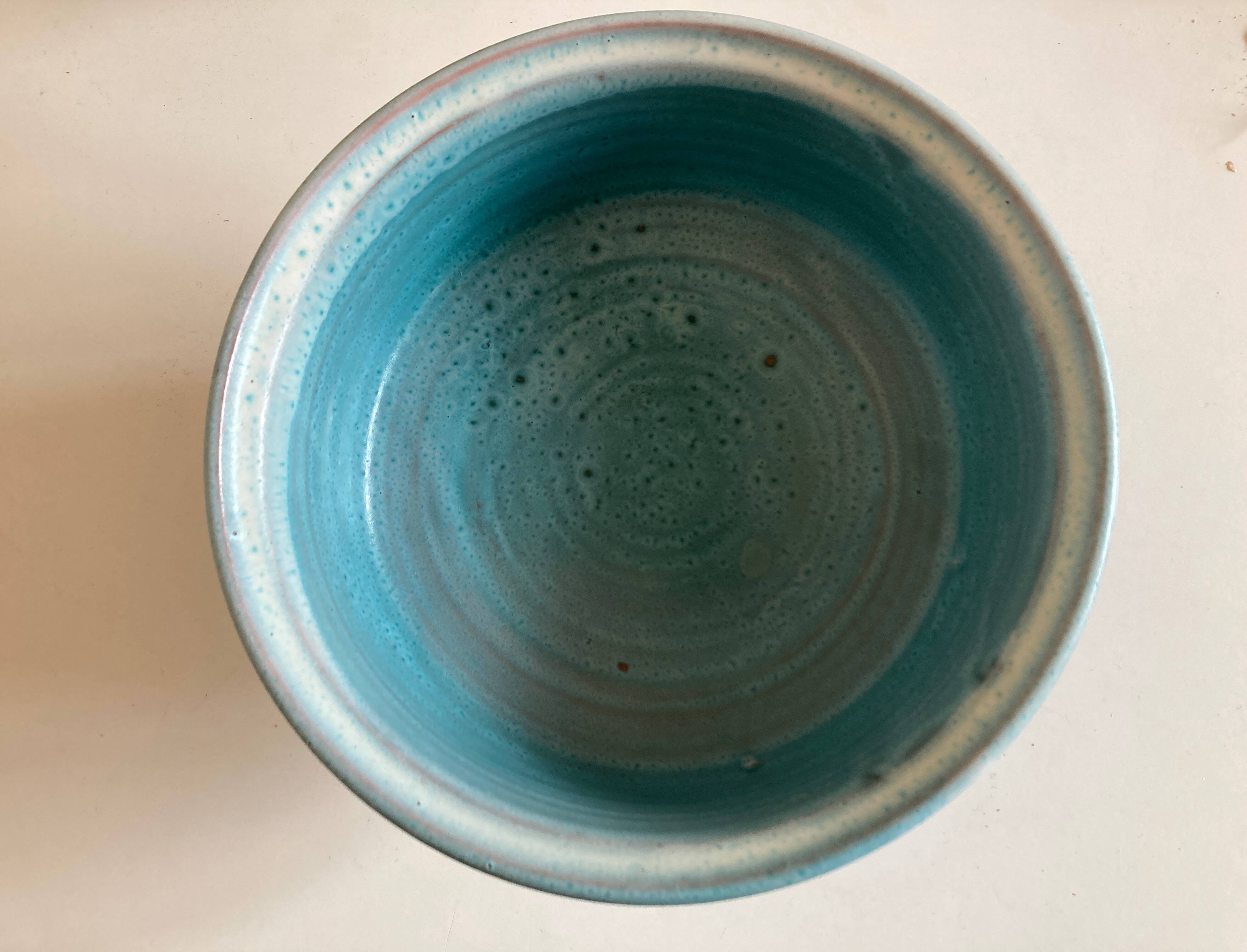 Ceramic turquoise centerpiece on foot Vallauris terracotta mid century