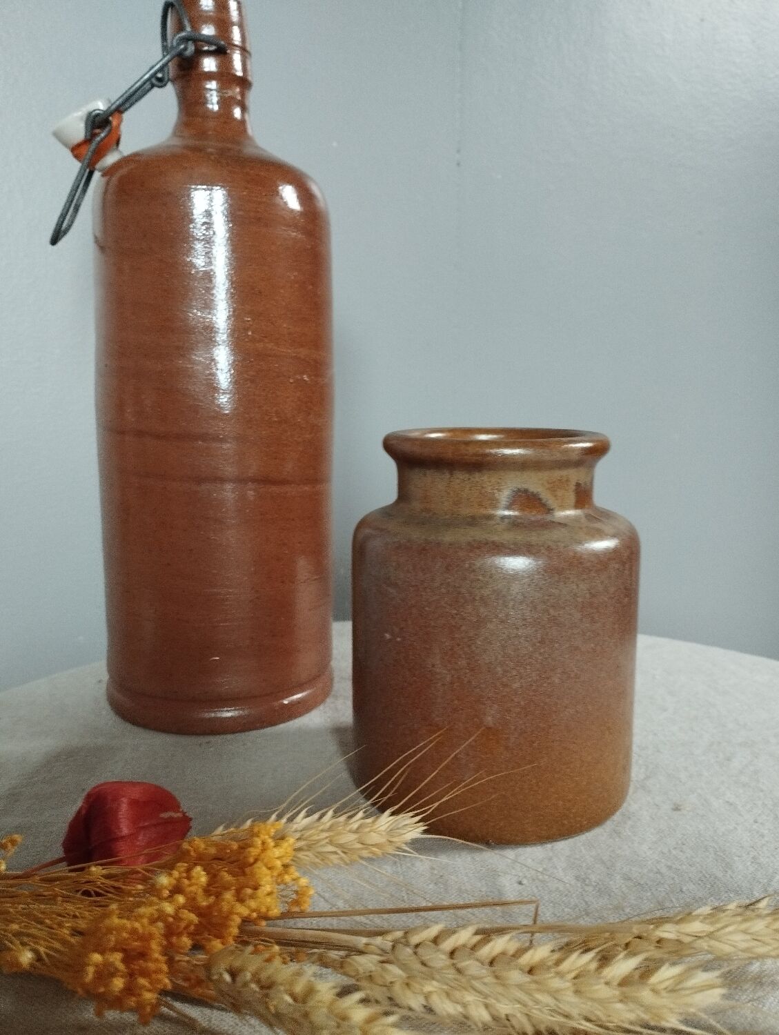 Stoneware pottery duo, bottle + pot, 1950's