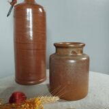 Stoneware pottery duo, bottle + pot, 1950's