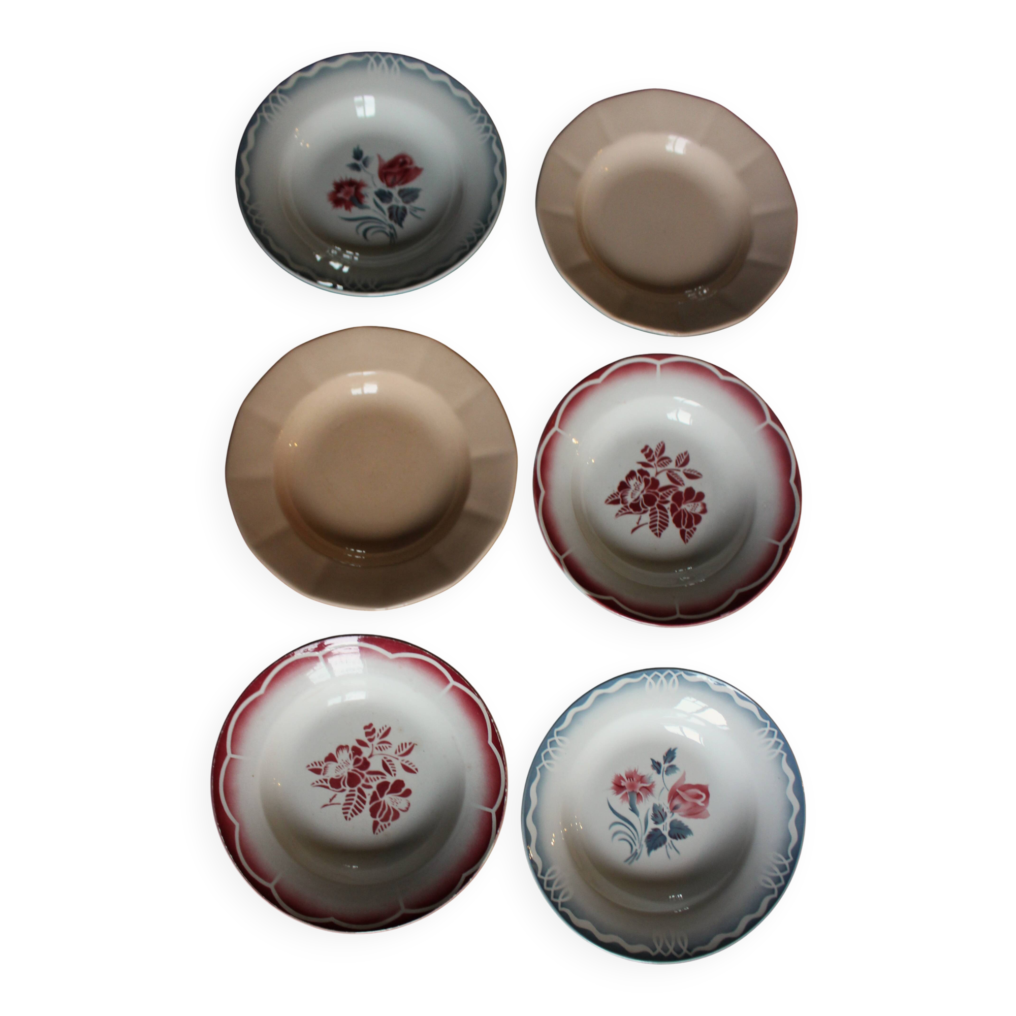 6 mismatched soup plates Digoin Sarreguemines red blue pink