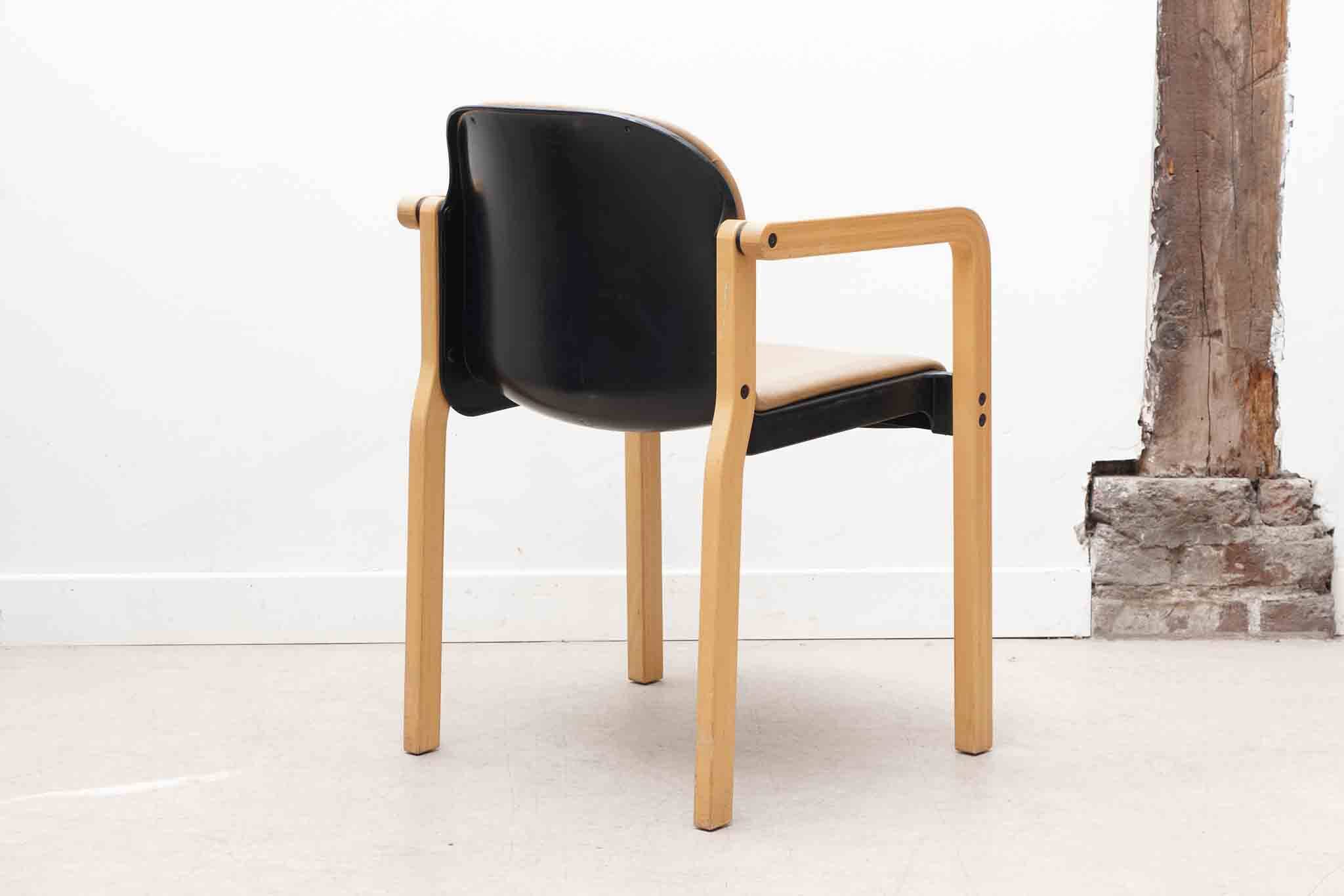 Kembo armchair in brown leatherette and beech