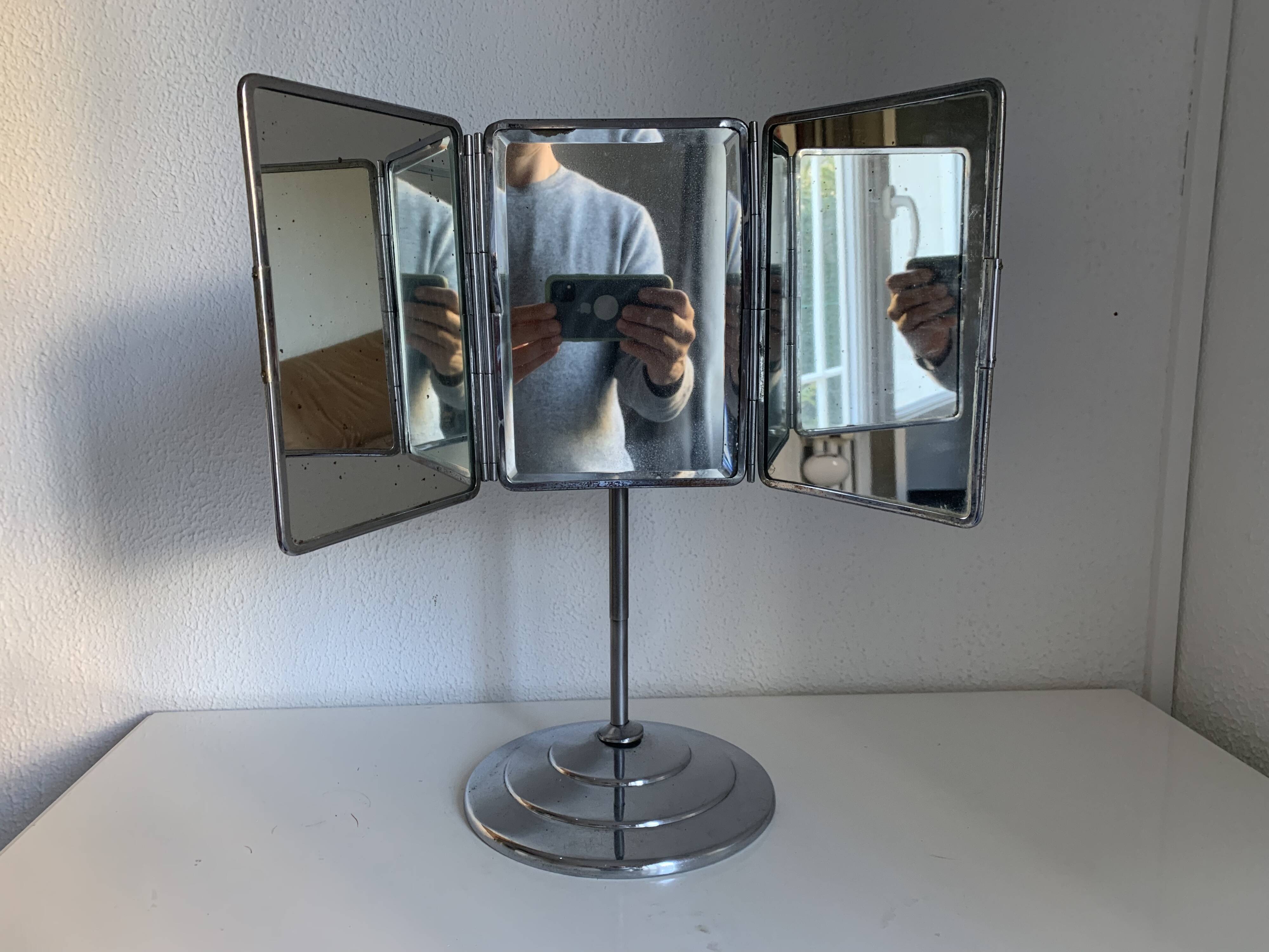Vintage 1940 triptych barber mirror with bevelled foot - 40 x 35 cm