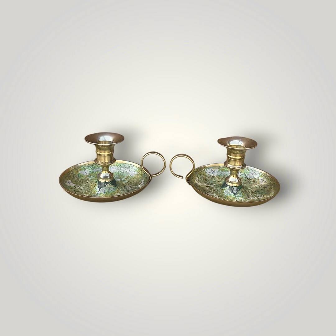 Pair of cloisonné brass cellar rat candlesticks – 1960s