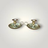 Pair of cloisonné brass cellar rat candlesticks – 1960s