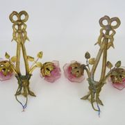 Pair of bronze wall sconces decorated with 2-armed knots with purple tulips Signed DP. 1940s