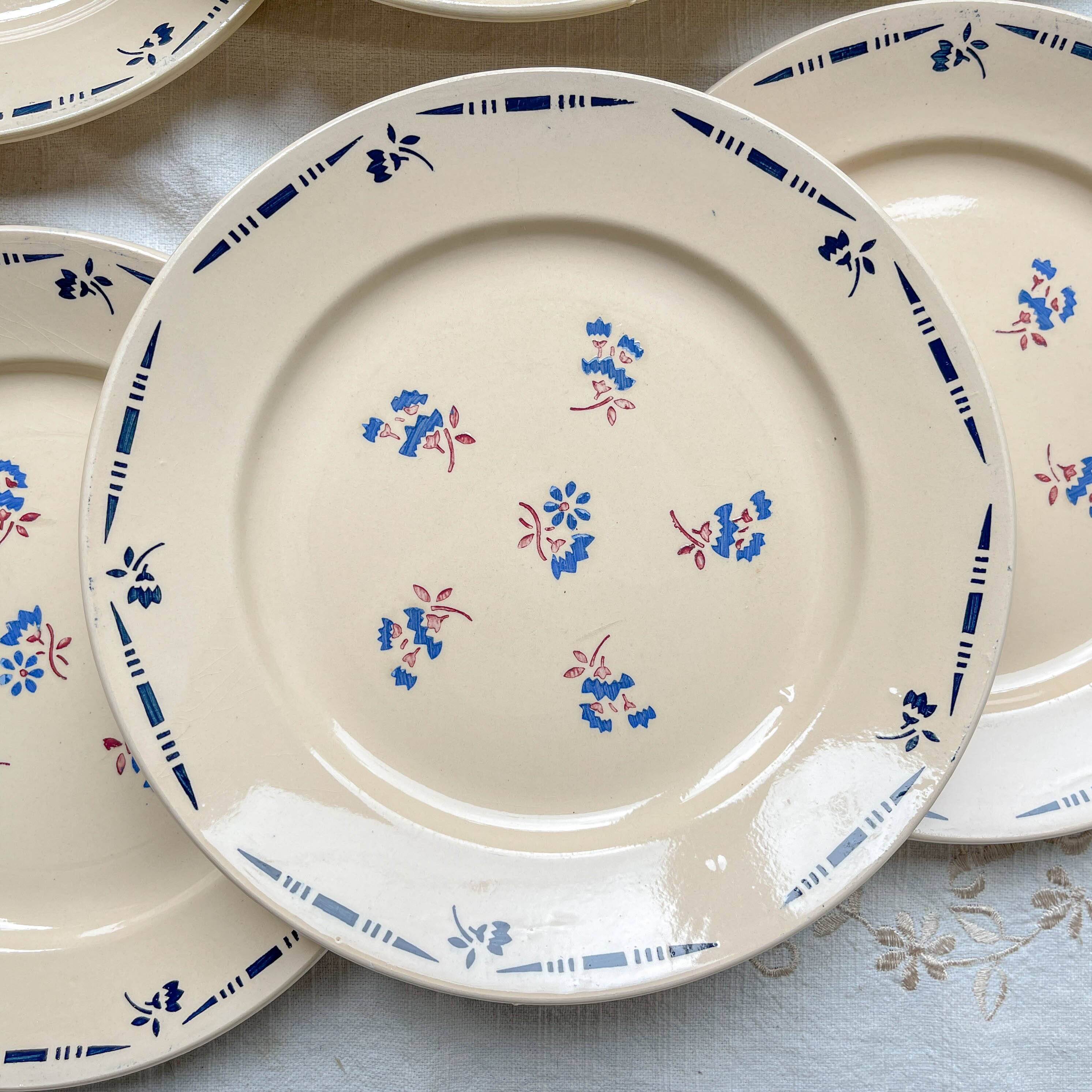 6 vintage K&G Luneville "Flore" porcelain dinner plates, 1950s, small blue flowers