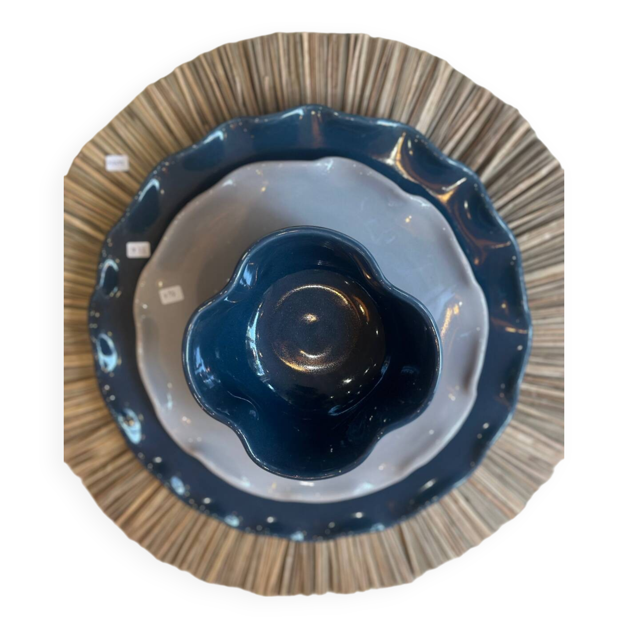 Handmade enameled ceramic bowl, pop clover flower, petrol blue