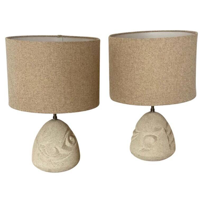 Mid-Century Modern Pair of Stone Lamps, France