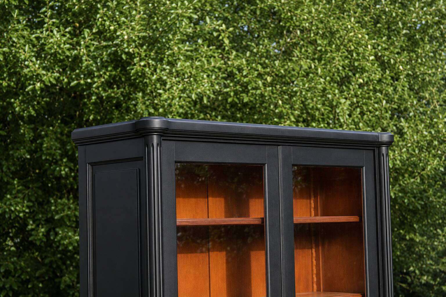 Renovated black antique Louis XVI style display cabinet, glass-fronted bookcase.