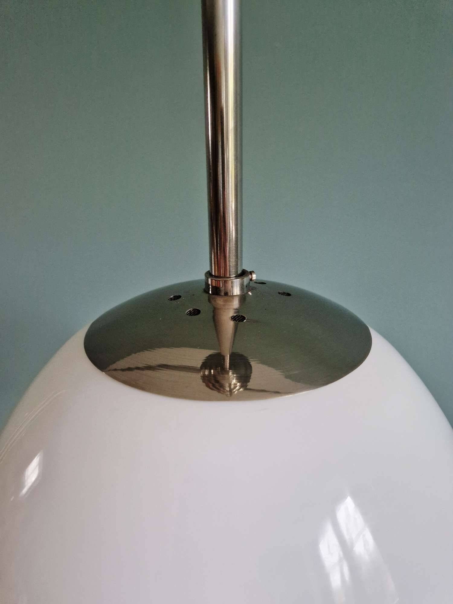 Art Deco pendant light in white opaline glass with chrome frame, 1920-30