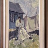 Mid-Century Modern "The Fisherman" Vintage Swedish Figurative Oil Painting, Framed