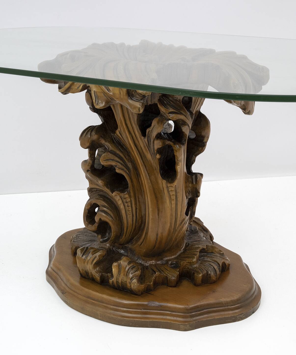 Mid-Century Modern Italian Carved Wood Base Large Curls and Leaves table