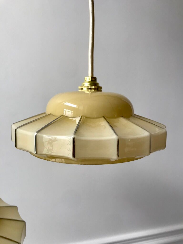 Pair of suspensions in opaline glass cream and silver border art deco 30s